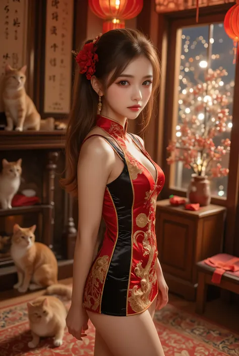 A close-up, head-and-shoulders portrait of a beautiful Korean idol with fine facial features and a ponytail, wearing a red-black-gold short cheongsam with some black-transparent sections, adorned with intricate gold or silver phoenix and floral embroidery....