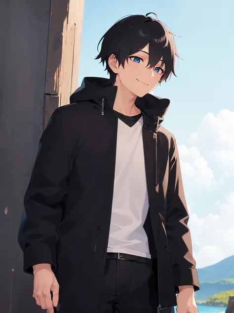 (looking away:1.5),Japanese manga style,shiny skin,Masterpiece, top quality,(26 year old male: 1.5) and (short black hair) and (blue eyes), BREAK(parka)BREAK,(smile),The background is a campsite,(alone:1.5),