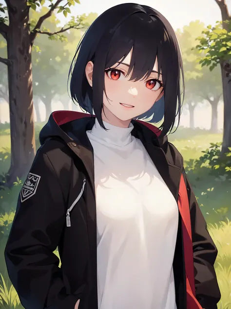 (looking away:1.5),Realistic, real person, (pale skin: 1.2), RAW photo, photorealistic, shiny skin, shiny hair, (20-year-old woman) and (bob cut) and (hair between eyes) and (black hair) and (red eyes), BREAK(parka)BREAK, (smile),(open mouth),The backgroun...