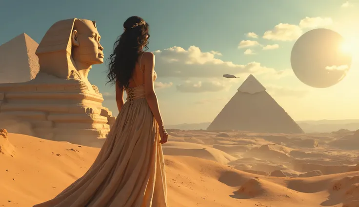  CREATE A REAL IMAGE ( photorealism ) From Egypt along with the sphinx in the background and a spaceship in the sky passing by a round circular spaceship and a beautiful one with a big ass and big breasts