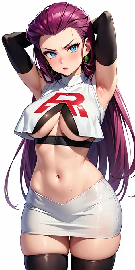 1 Female,High definition,high resolution,Ultra-realistic,8K,jessie pokemon
hair slicked back, long hair,purple hair,blue eyes
team rocket ,team rocket uniform ,white skirt,crop top,thighhighs,elbow gloves,large breasts, breasts, large breasts,standing, sol...