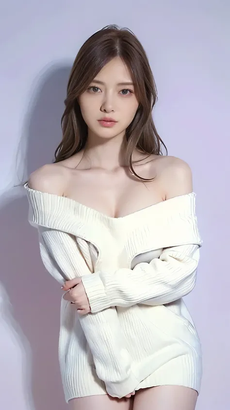 ((Highest quality, 8k, masterpiece: 1.3)), sharp: 1.2, Perfect Body Beauty: 1.4, Slim Abs: 1.2, ((nude、Big Breasts: 1.2)), (((Ribbed sweater:1.3, Off-the-shoulder sweater))), Short shorts:1.2, Expose your shoulders, (((Underbust: 1.1))), Face close-up: 1.0...