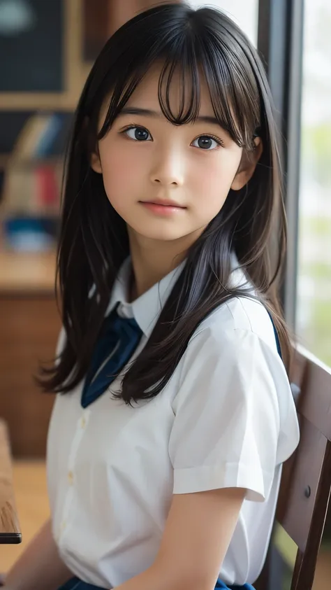 Imagine a charming illustration in the style of Loundraw, Depicts a beautiful schoolgirl. She is wearing a classic school uniform, With a fitted skirt and a perfectly lined shirt. Her long black hair, With soft bangs, Falling gracefully over her shoulders....