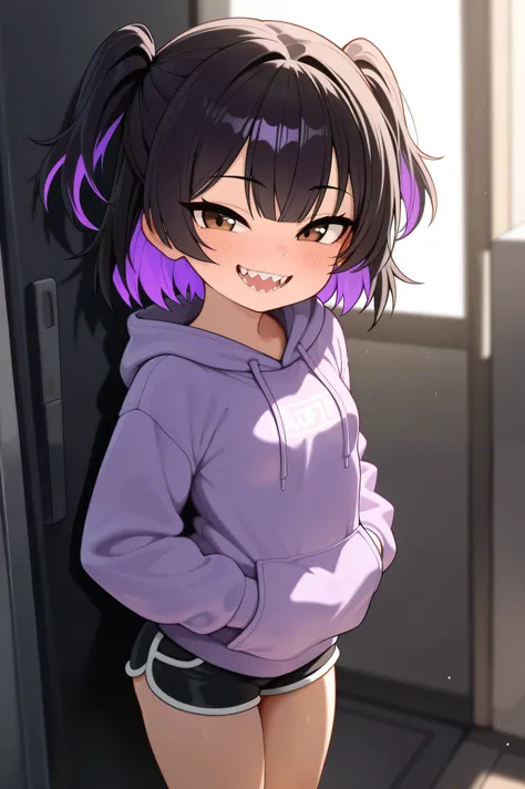 Hoodie, flat breasts, mesugaki, loli, thick thight, short dolphinpants, {{{{{secret two-tone hair}}}}}, black hair, purple hair, brown eyes, hands in hoodie's pocket, mouth open, smile, sharp teeth