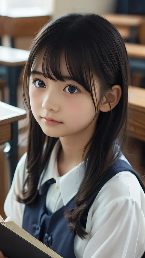 Imagine a charming illustration in the style of Loundraw, Depicts a beautiful schoolgirl. She is wearing a classic school uniform, With a fitted skirt and a perfectly lined shirt. Her long black hair, With soft bangs, Falling gracefully over her shoulders....