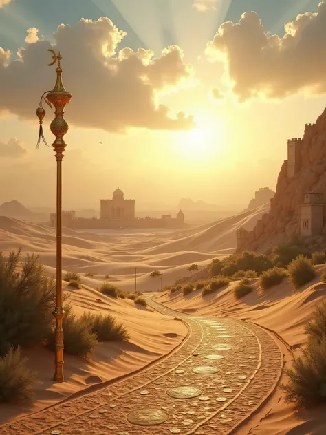 An awe-inspiring setting that captures Prophet Harun (AS)’s role as a key support to Prophet Musa (AS) and his devotion to guiding the people. The scene unfolds in a majestic desert landscape with golden sands stretching beneath an immense, expansive sky. ...