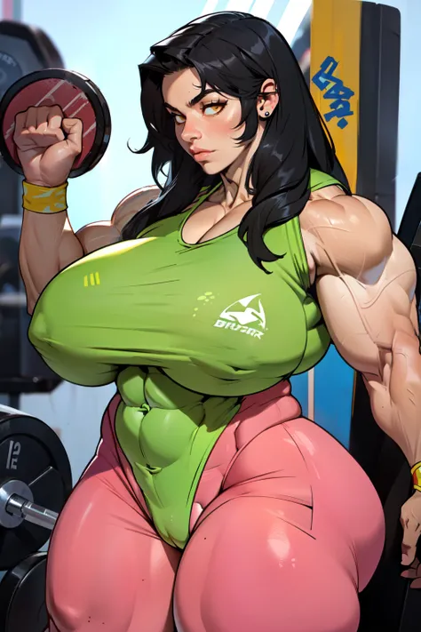 ((((((1 girl)))))), (Massive Female Bodybuilder:2), (Huge breasts:2), black hair, pale skin, yellow eyes, very long hair bodysuit