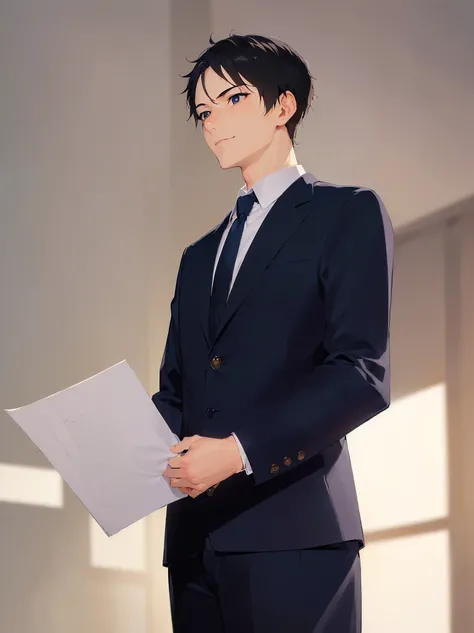 (looking away:1.5),Japanese manga style,shiny skin,Masterpiece, top quality,(26 year old male: 1.5) and (short black hair) and (blue eyes), (wearing a suit: 1.5) and (blue tie),(light smile),inside the office room,desk,(alone:1.5),(holding documents in han...