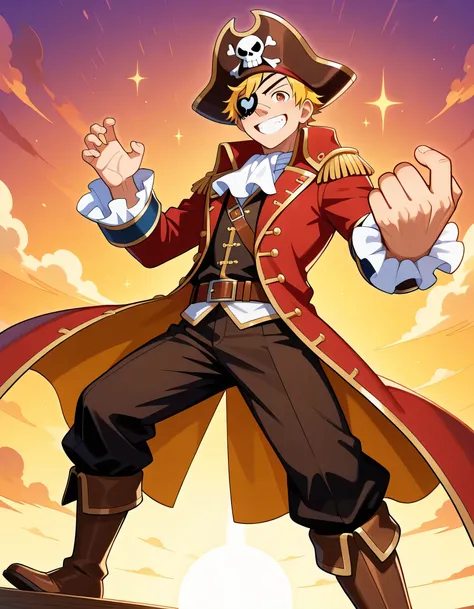 score_9, score_8_up , score_7_up , source_anime, Alone,man,man's eyes,man's nose,man's mouth,brown pirate hat, Captain Hook's Clothes,Skull Eyepatch,yellow short hair,brown eyes, captain hook claw hand,grin,whole body length,good man model pose, smile,whit...