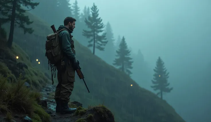 A lone hunter standing on a rugged, fog-covered mountainside, clutching a worn rifle, rain pouring down around him. His weathered hunting gear clings to him, drenched from the downpour, and his face reflects a mix of exhaustion and fear. The dense forest b...