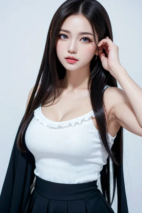 (((long black hair,  pretty Chinese idol, beautiful skin、big eye、 Brown Eyes 、forehead、Extreme pose、A calm face、dewy finish makeup:100.0、eyeliner:100.0, beautiful girl、White background、cute、Young、True Face、Shiny Hair、whole body)))、table top, highest qualit...