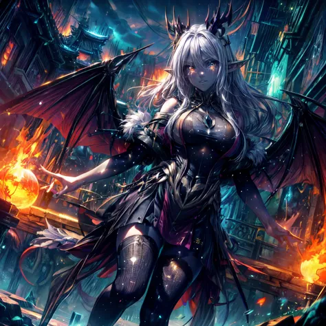 Dragon girl, silver goddess in flame-red pleated skinny cloth with golden lines accents, long sleeves, fireball, satin, fur, (stockings), decollete, natural breasts, slim body, white blue and black dress details ((rune lines on skin)), zettai ryouiki, medi...