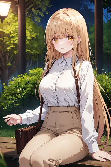  1 beautiful woman,Long hair, brown hair, brown eyes, Long sleeve shirt, White shirt, long sleeve shirt,brown trousers, very big breast,,half body photo , ultra detail, ultra HD, masterpiece, Brown sling bag,Sitting under a tree, smiling, at night,In the f...