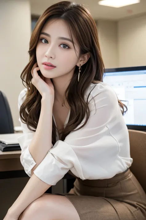 masterpiece、 best quality 、 real 、 very detailed on trends、 with finer details、High Resolution、8k wallpaper、1 beautiful woman、At the office、 Light Brown Disheveled Hair、 perfect dynamic configuration、 beautiful beautiful eyes、 Big Earrings 、 sitting on a c...