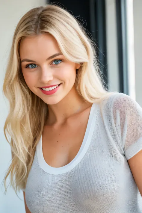 full-length photo of a Scandinavian-looking girl ,  long blonde hair,  Bright room,  analog style  (look at the viewer :1.2) (skin texture), Fujifilm XT3, dslr, in a white top with 3 breasts,  smile,  big lips и голубые глаза, looks straight at the camera,...