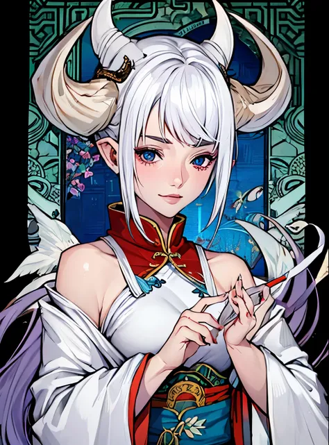 An immensely horned, white-skinned, extremely beautiful female creature in noble Chinese clothing.