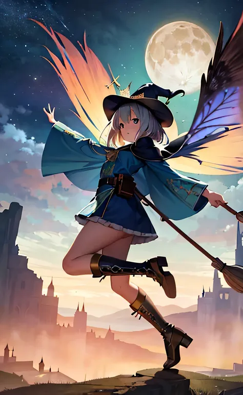 masterpiece, best quality, ultra-detailed, illustration, 1girl, solo, fantasy, flying, broom, night sky, outdoors, magic, spells, moon, stars, clouds, wind, hair, cape, hat, boots, broomstick, glowing, mysterious, enchanting, whimsical, playful, adventurou...