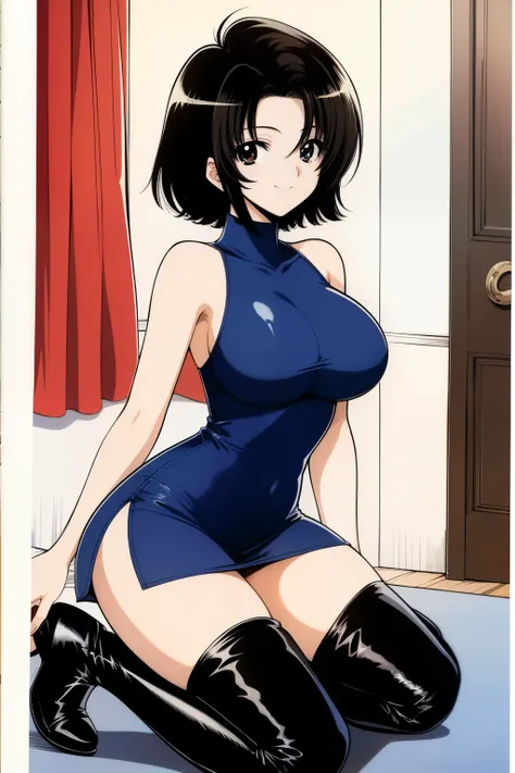 1990s \(  style\), 1990s anime cels   style,   best quality ,   high resolution, (  big eyes:1.2),   1 girl, ,   embarrassing, smile, (Big Breasts:1.2), ,masterpiece、  best quality 、(  1 girl:1.4)、blue high neck bodycon、sleeveless bodycon、Pita Pita's Bodyc...