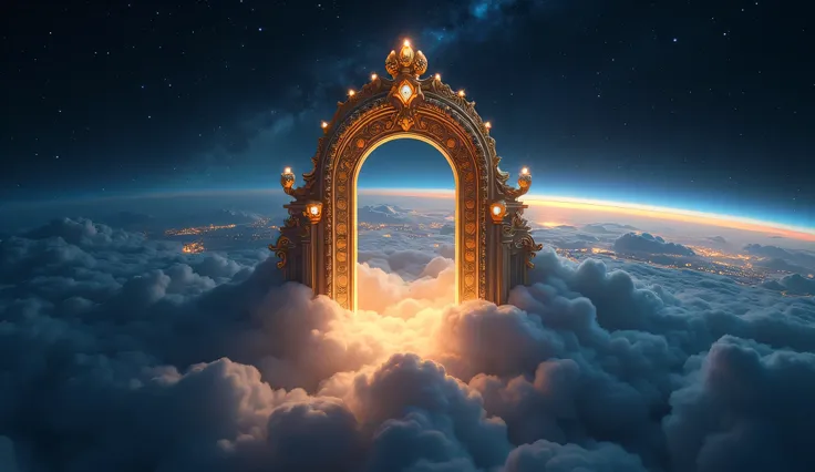 A luxurious and majestic gate of paradise floating above the clouds at night, crafted with intricate golden details and adorned with glowing gemstones that emit a soft, celestial light. The gate is slightly open, revealing a warm, radiant light streaming t...