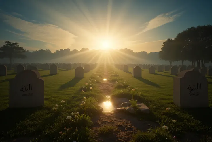 A profound, awe-inspiring scene representing the concept of bringing the dead back to life through divine intervention, set in an expansive, serene garden or field. The ground is dotted with modest, symmetrical gravestones that represent the deceased. The ...