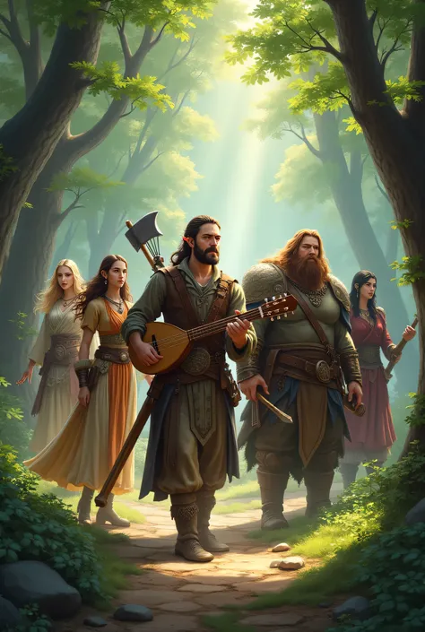 Create an image with a human bard , A female elf ,  a male dwarf and a female shapeshifter