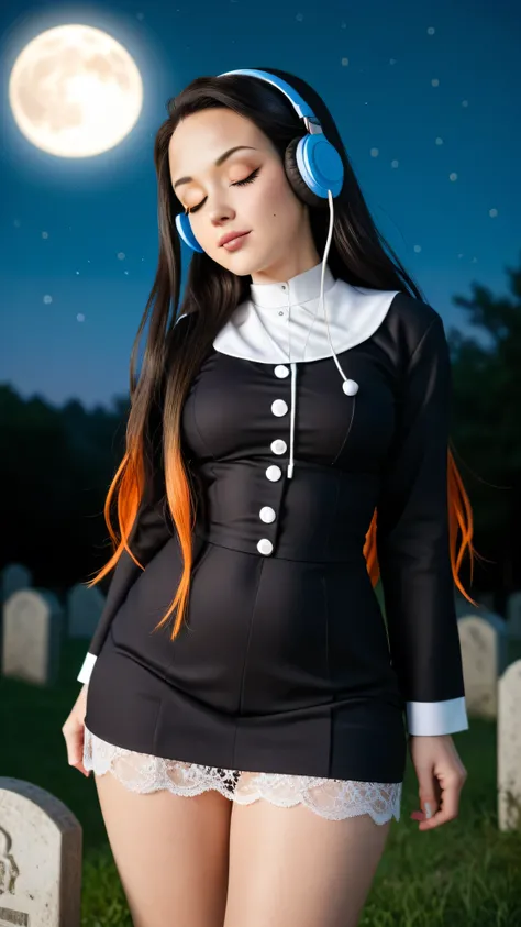 Nezuko Kamado /  KIMETSU NO YAIBA, Bicolor fur,   A woman   ,  long hair,   Eyes Closed,  very serious look,  listening to music with headphones in her ears, she opted for a mini nun dress, lace,    medium breasts,   Not suitable for work ,   fat ass,   th...