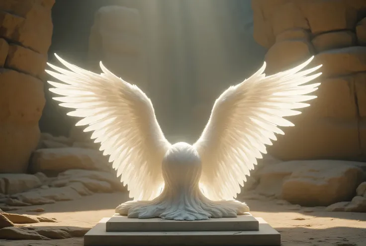 A serene and powerful close-up of angel wings, delicate and translucent, positioned gracefully in the center of a peaceful, earthy scene. The wings are large, elegant, and transparent, shimmering in the soft light, which causes a gentle glow to emanate fro...