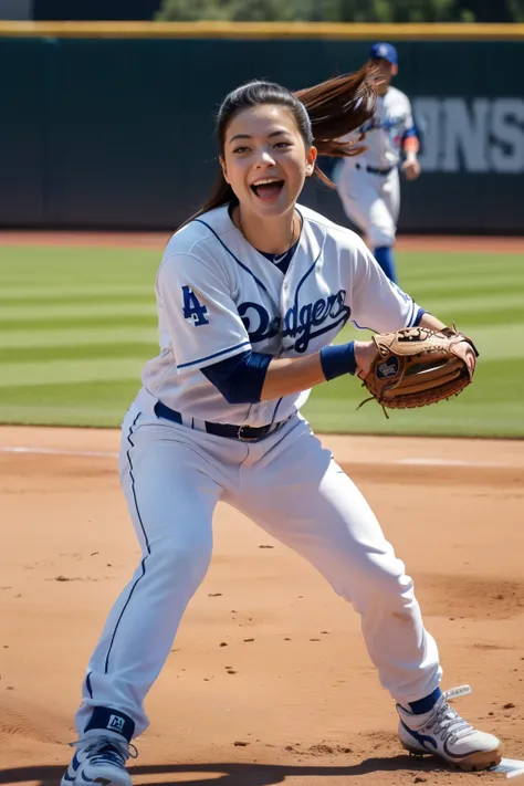  best quality, masterpiece,  super high resolution, (reality: 1.4),   original photo ,  1 female,  excited expression,  long hair,  I'm wearing a Dodgers uniform, Half a pair of jeans and socks, sports boots,  baseball field on the right, 