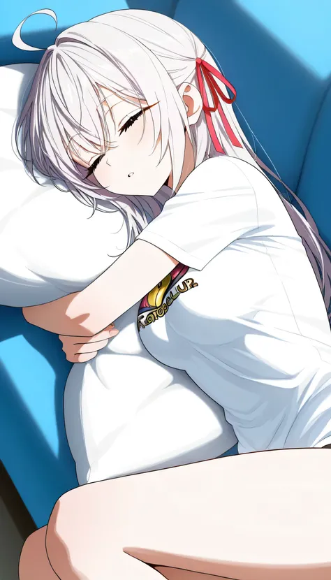  Alisa Mikhailovna Kujou White long-haired girl, tied red ribbon, super beautiful blue eyes, long eyelashes, medium breasts, wearing a Liverpool club ball shirt, sleeping, hugging a pillow on the side of the sofa.