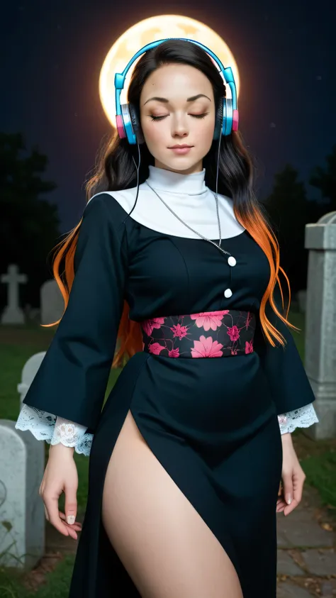 Nezuko Kamado /  KIMETSU NO YAIBA, Bicolor fur,   A woman   ,  long hair,   Eyes Closed,  very serious look,  listening to music with headphones in her ears, she opted for a sexy nun dress, lace,    medium breasts,   Not suitable for work ,   fat ass,   th...