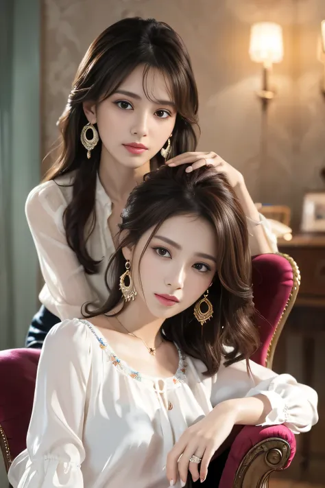 masterpiece、 best quality 、 real 、 Trendy and very detailed 、 Fine Details 、 high resolution 、 8K wallpaper 、 Two beautiful twin women 、 wear a colorful silk blouse 、 I only have 5 fingers 、 At night 、 light brown disheveled hair 、 perfect dynamic composit...