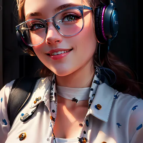 woman wearing glasses and headphones with a white shirt and a backpack, with head phones, with headphones, lofi portrait, cute slightly nerdy smile, very very low quality picture, anna nikonova aka newmilky, wearing headphones, wearing a headset, 🤤 girl po...