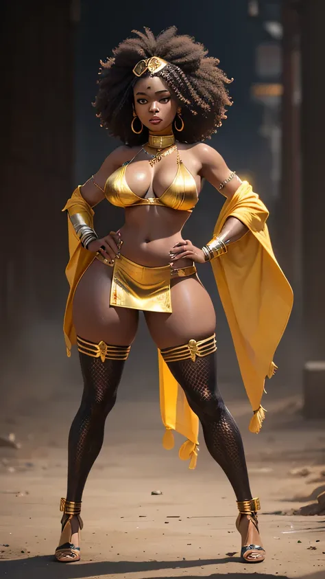 1 girl, dressed in Hufflepuff costume, Stand, wide hips, (big breasts), (((full body))), (thick thighs), ((wide hips)), ((((slim waist)))), tribal armor, dressed up with feathers and feathers on her head, stunning africano princess, Aztec warrior goddess, ...