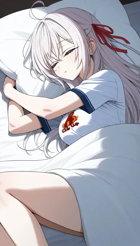  Alisa Mikhailovna Kujou White long-haired girl tied red ribbon, super beautiful blue eyes, long eyelashes, medium breasts, wearing a Liverpool club ball shirt, sleeping, hugging a pillow on the side of the bed.