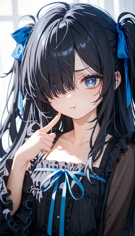 1girl, flat chest, skinnybody, Droopy eyes、Dull woman, smile, messy hair, shy, black hair ,hair over one eye, Gothic Lolita, two side up, blue ribbon, long hair, blue eyes, pink pupils, Baby Face, pout mouth, pointing