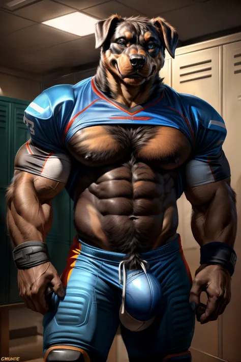 ((By Chunie)), ((By Zaush)) ((By Darkgem), ((By Anhes)), handsome, sexy, hot, male furry anthro ((Rottweiler)), inside locker room, football player, ((wearing football gear, wearing football jersey)), thigh pads, knee pads, Shoulder pads, cleats, football ...