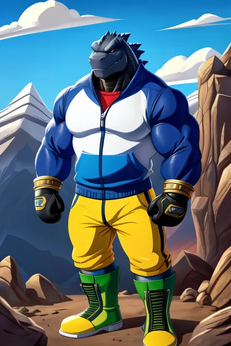 Black muscular Godzilla furry jock in gold bracelets, wearing green boots, in white pants, in a blue sleeveless zip-up sweater, in red boxing gloves stands against the background of a cartoon-style mountain.