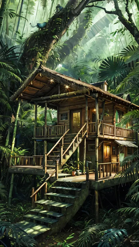 there is a small cabin in the woods with a deck, the small house in the forest, amidst of nature fully covered, jungle setting, wooden cottage, wooden house, cottage in the forest, house in forest, cabin, luxurious wooden cottage, malaysia jungle, bamboo h...