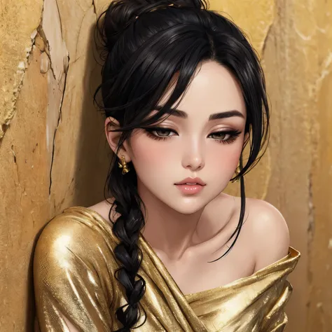 Sexy woman, black hair tied in a bun, smokey eyes, eyeliner, blushing intensely, fairest skin, plump face, soft lips, gold blouse, pinned against a wall