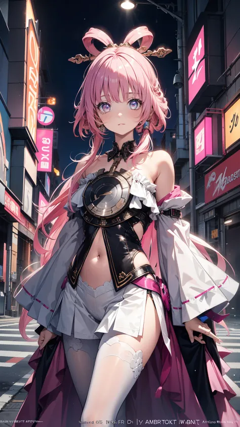 portrait, 1 Girl, pretty face , asymmetrical hair, Colorful hair, sash,pure white bodysuit , Cover your mouth, cover navel , separated sleeve , pink hair,grey eyes , hip vent , Slit Jacket, charming, watching the audience, Night City, neon , rai...