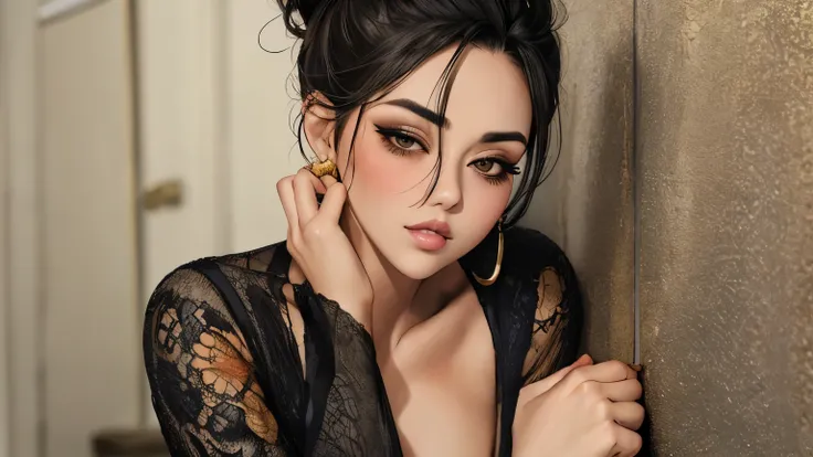 Sexy woman, black hair tied in a bun, smokey eyes, eyeliner, blushing intensely, fairest skin, plump face, soft lips, gold blouse, pinned against a wall