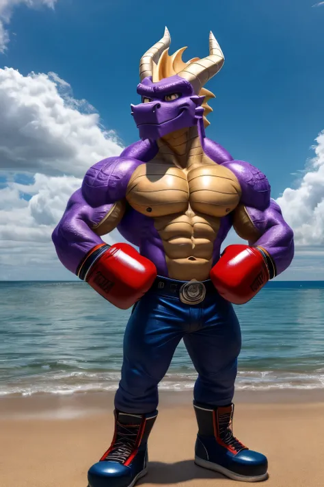 Muscular Dragon Spyro Furry Jock in black boots, wearing blue pants, wearing red boxing gloves stands against the sea in cartoon style