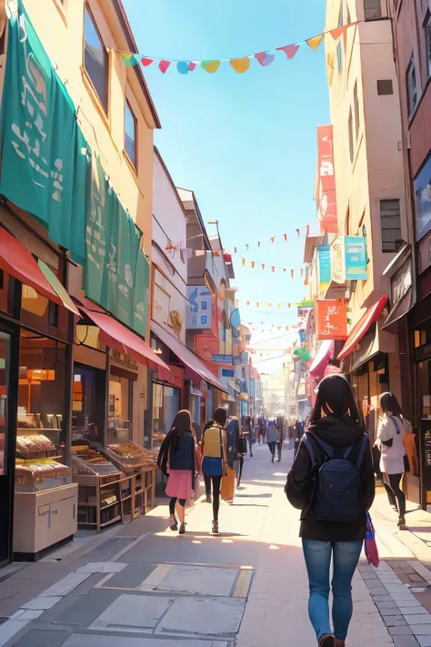 foto de uma Busy sidewalk,  people passing by and shopping, stores, Busy sidewalk, cheerful people, sunny day, decorated poles , anime dinner,  lots of people walking down the sidewalk ,  photo of stores and anime people passing by