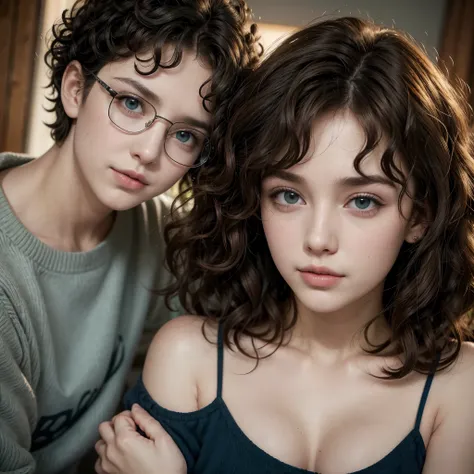 green-eyed curly-haired brunette woman type 3C embraces a short curly haired brunette man with dark brown eyes and hair and wears a square eyeglass with a blue frame. 