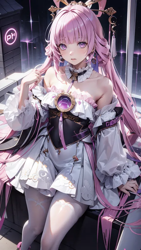 portrait, 1 Girl, pretty face , asymmetrical hair, Colorful hair, sash,pure white bodysuit , Cover your mouth, cover navel , separated sleeve , pink hair,grey eyes , hip vent , Slit Jacket, charming, watching the audience, Night City, neon , rai...