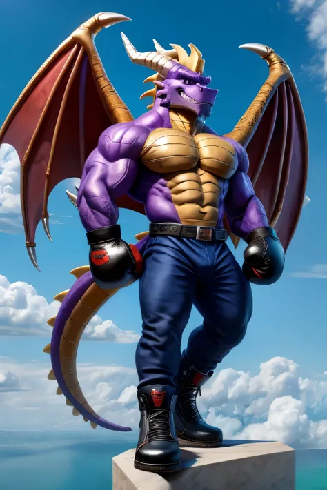 The muscular winged Dragon Spyro Furry, a jock in black boots, wearing blue pants, wearing red boxing gloves, stands on a cloud against the sky in cartoon style