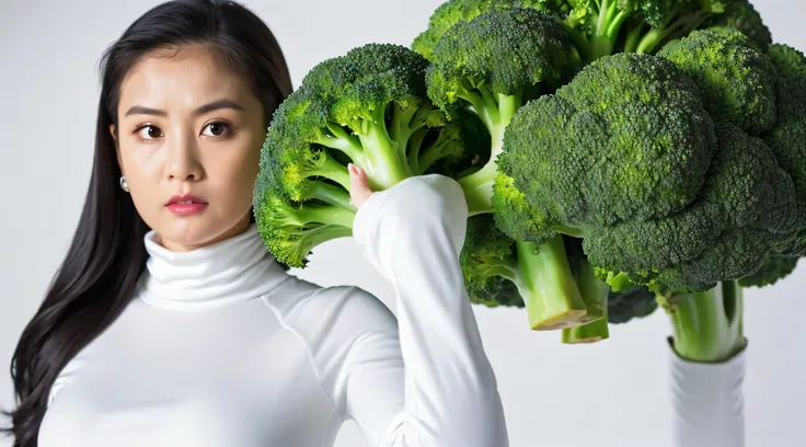 a big fresh broccoli,((best quality, 8k, masterpiece:1.3, waist up)),sharp focus:1.2, 1girl ,((detailed defiant face)) , Beautiful lady with Perfect Figure, Vivid, white color turtleneck and skirt,long black hair,studio background,
