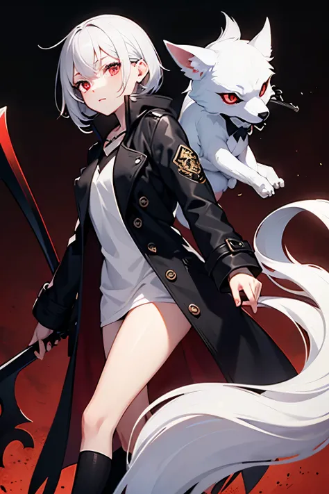  white fox girl wearing a naked black trench coat with a grim reaper scythe in one hand　 red eyes　Holding a grim reaper's scythe in one hand