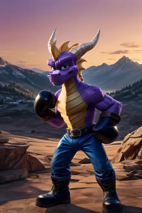 Dragon Spyro in black boots, wearing blue pants, wearing red boxing gloves stands against the mountains in cartoon style