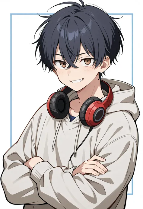 score_9, score_8_ up, score_7_ up, score_6_ up, depth of coverage, solo,young man,30years old,man's eyes,black short hair,crossed bangs,taller,ハンサムな顔, grin,gray parka,sideview,crossed arms,Put the blue 1headphones around your neck,(whole body length), whit...